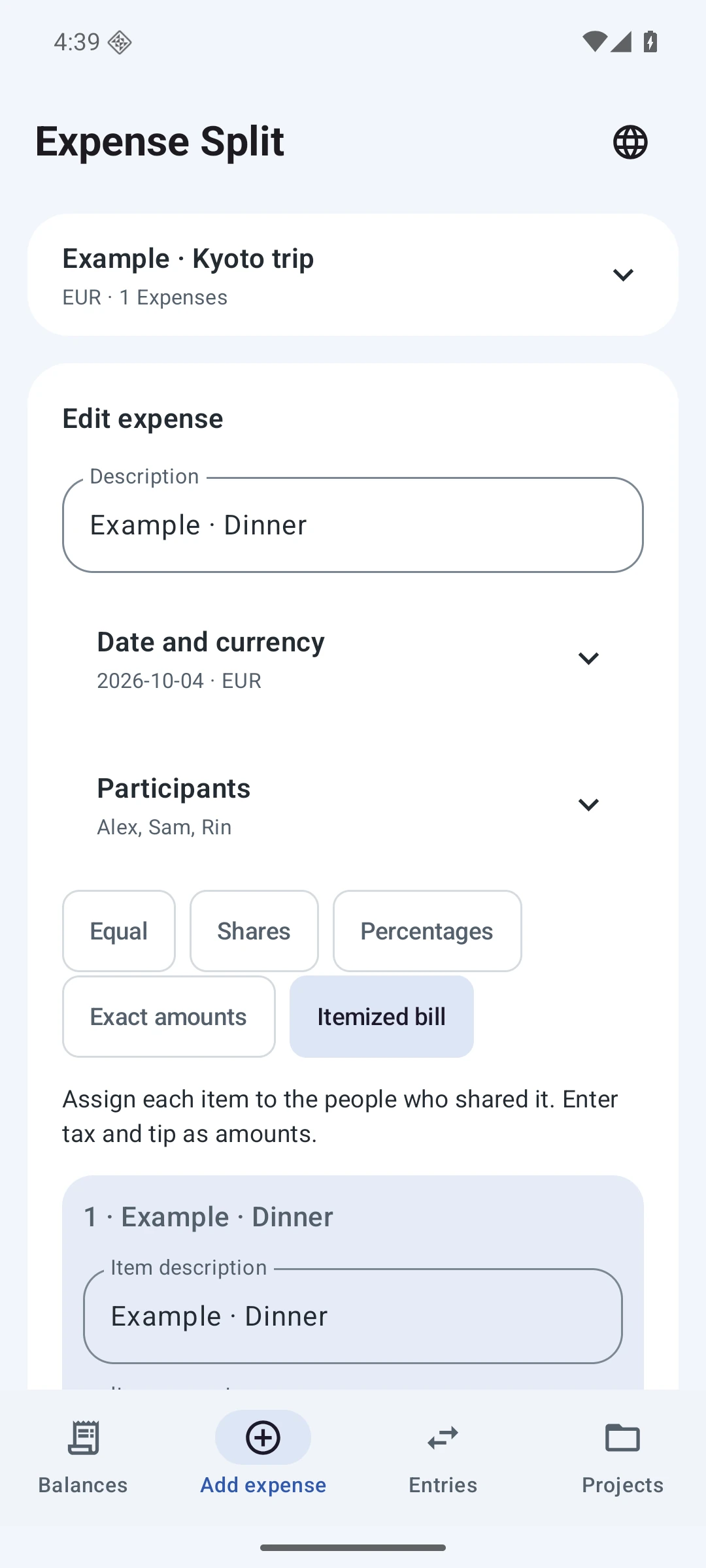 Itemized receipt — English