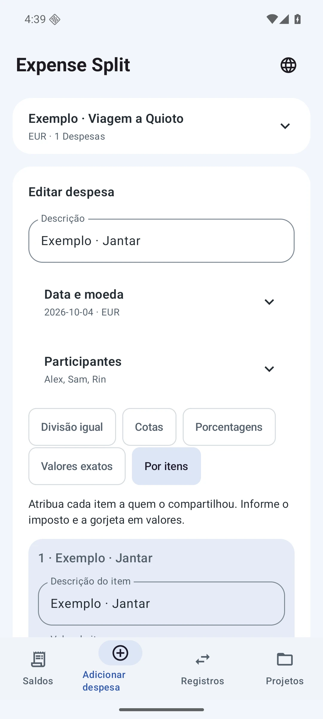 Itens do recibo — Português (Brasil)