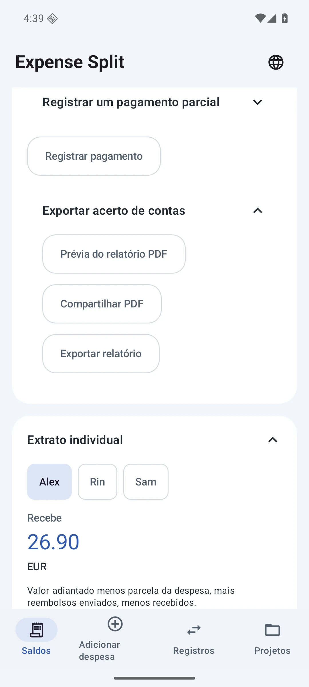 Extrato individual — Português (Brasil)
